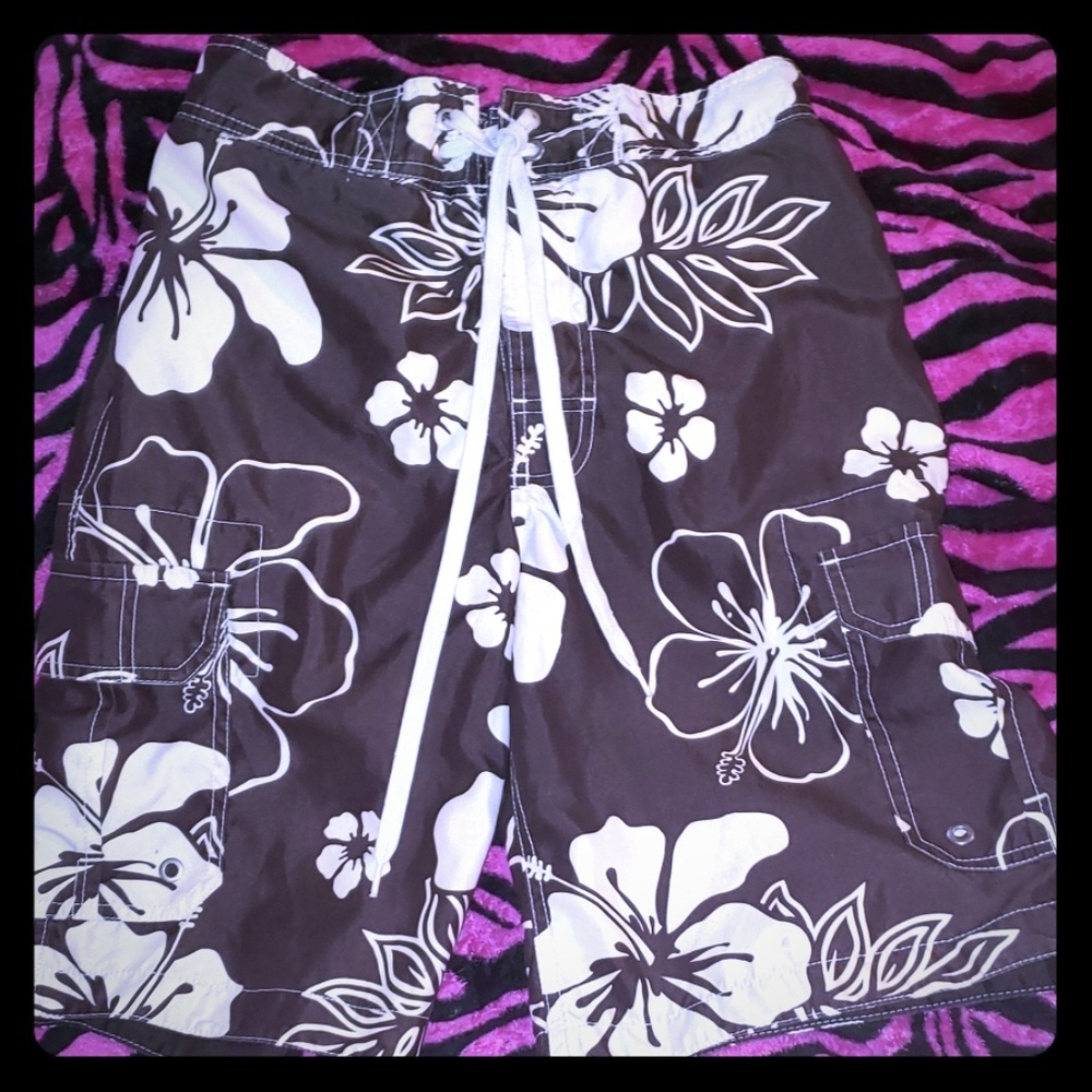 Hawaiian print board shorts